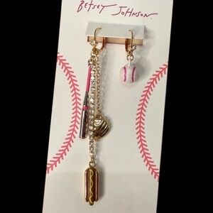 BETSEY JOHNSON Mismatched Baseball Americana Iconic Charms Dangle Earrings NWT
